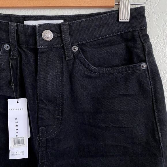NWT Topshop High Waisted Straight Leg Jeans Raw Hem Black Denim Women's 4 / 26‎ - Picture 4 of 7